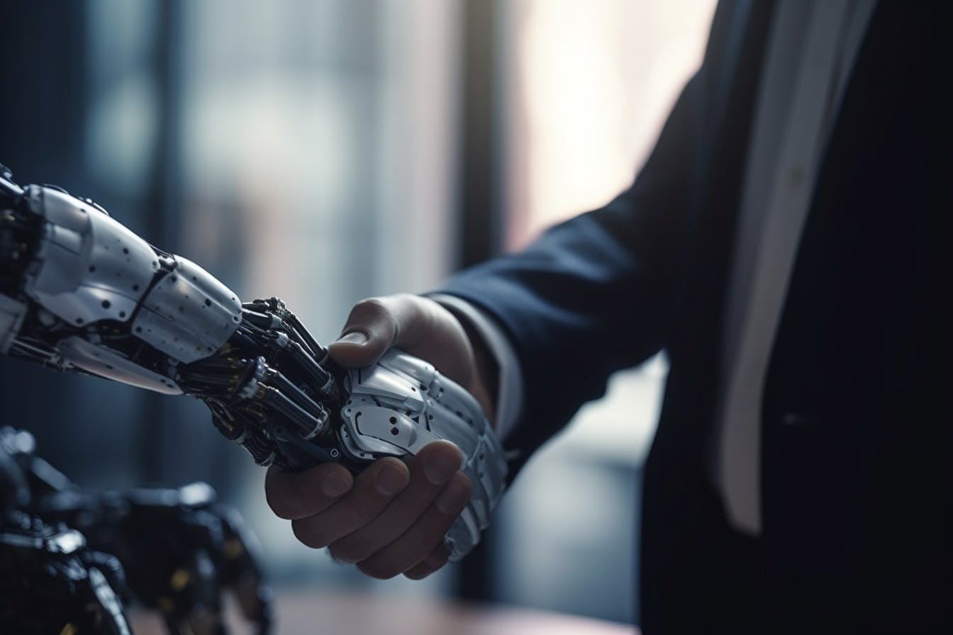 Businessman shaking hand with AI over success business
